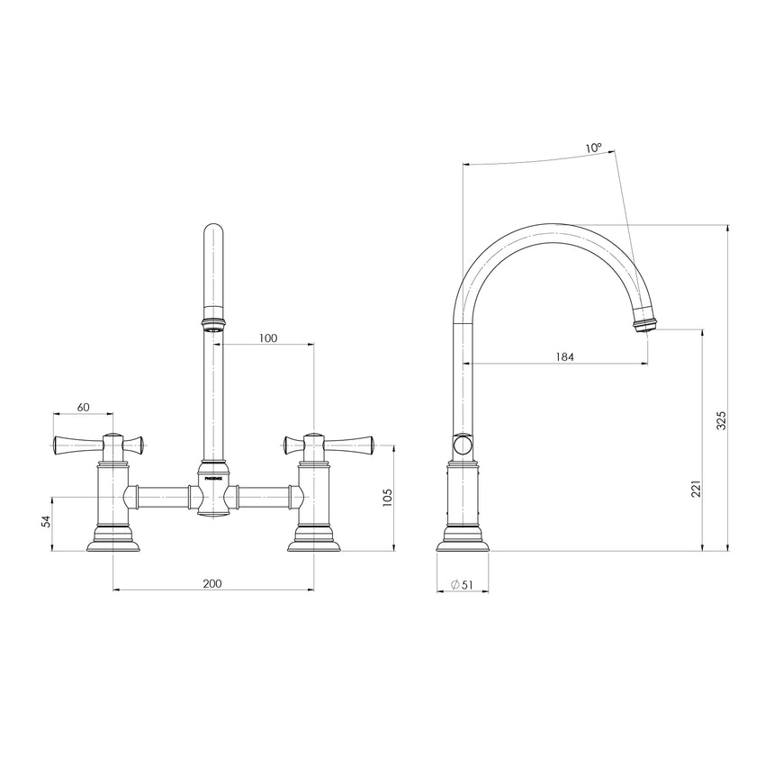 Phoenix Cromford Exposed Sink Set Chrome, technical line drawing with dimensions
