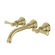 Phoenix Cromford 180mm brushed gold wall basin mixer by Tilemall with curved spout and dual lever handles