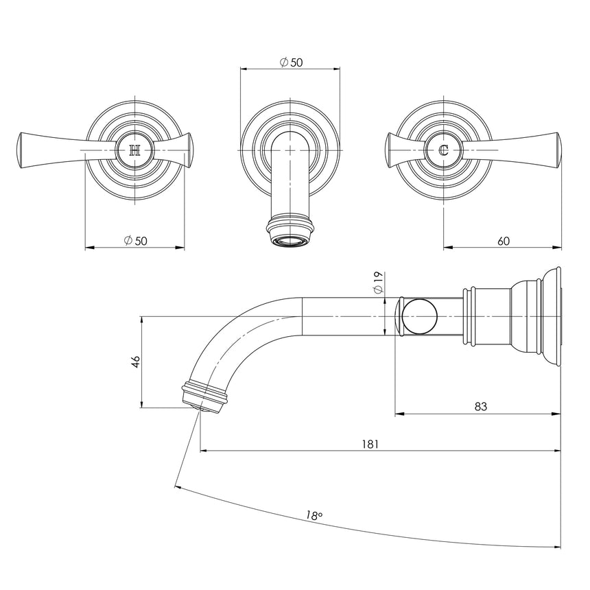 Phoenix Cromford Wall Basin / Bath Tap Set Chrome, technical line drawing with dimensions
