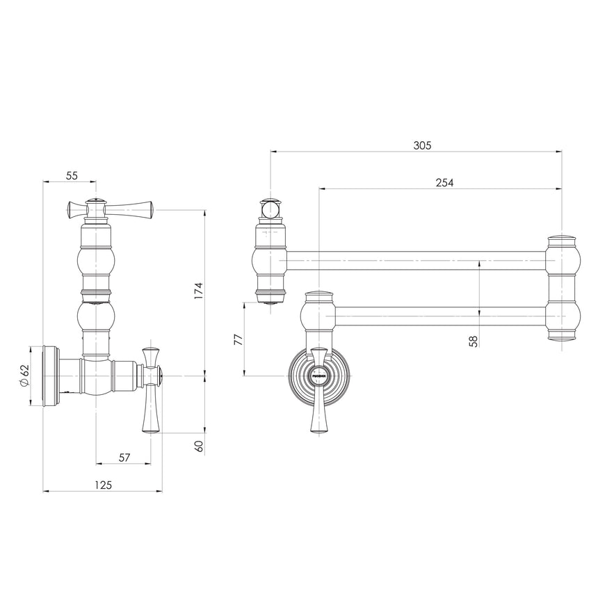 Phoenix Cromford Pot Filler Chrome, technical line drawing with dimensions