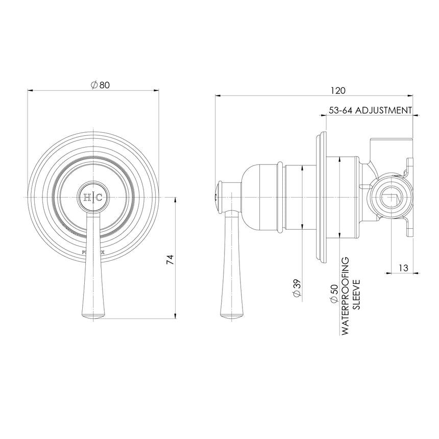 Phoenix Cromford SwitchMix Shower / Wall Mixer Fit-Off Kit Chrome, technical line drawing with dimensions