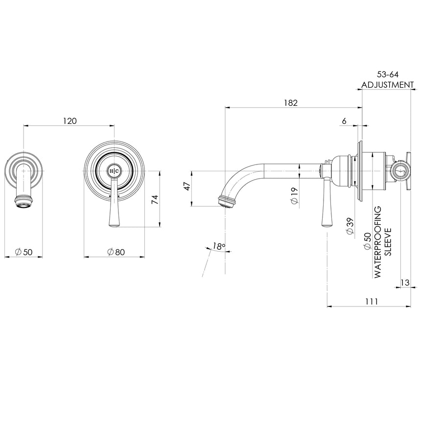Phoenix Cromford SwitchMix Wall Basin / Bath Mixer Set Chrome, technical line drawing with dimensions