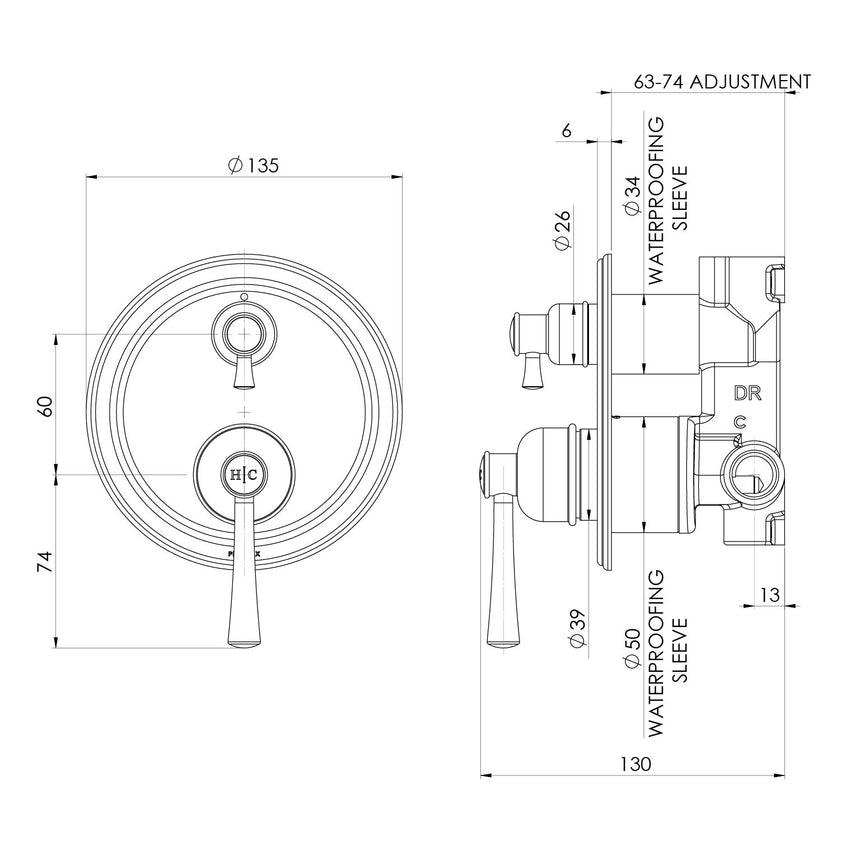 Phoenix Cromford SwitchMix Shower / Bath Diverter Mixer Brushed Nickel, technical line drawing with dimensions