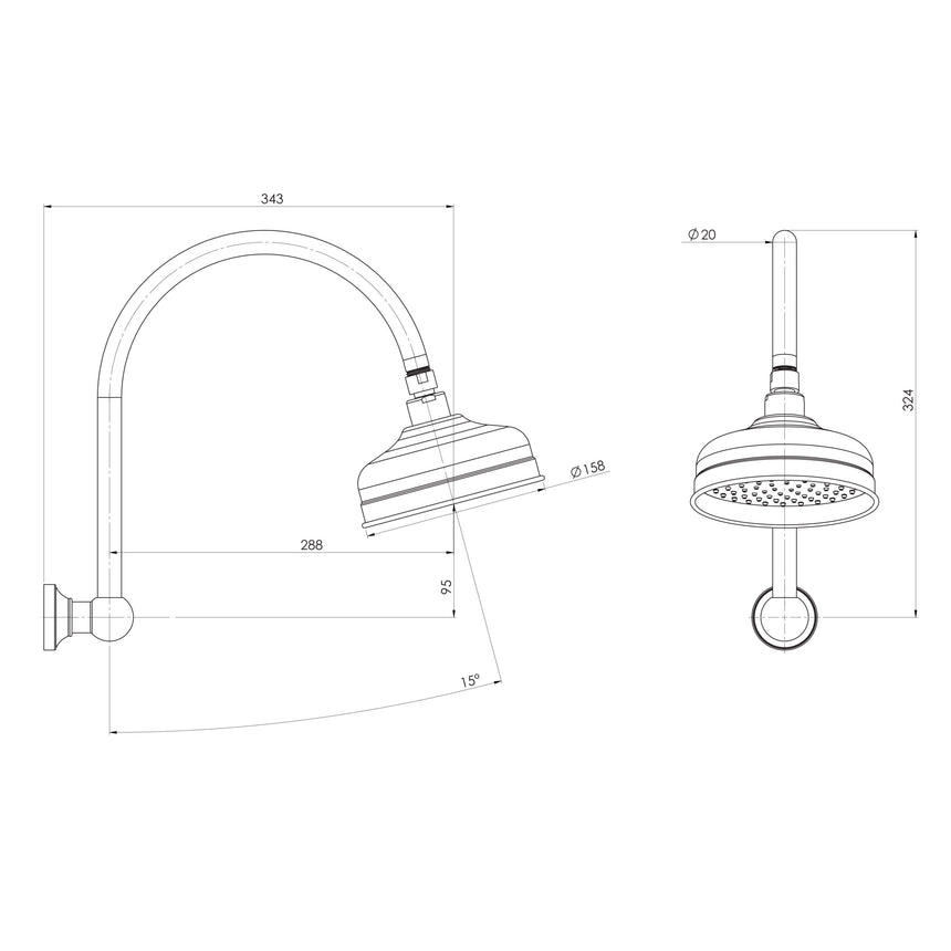 Phoenix Cromford High-Rise Shower Arm & Rose Matte Black, technical line drawing with dimensions