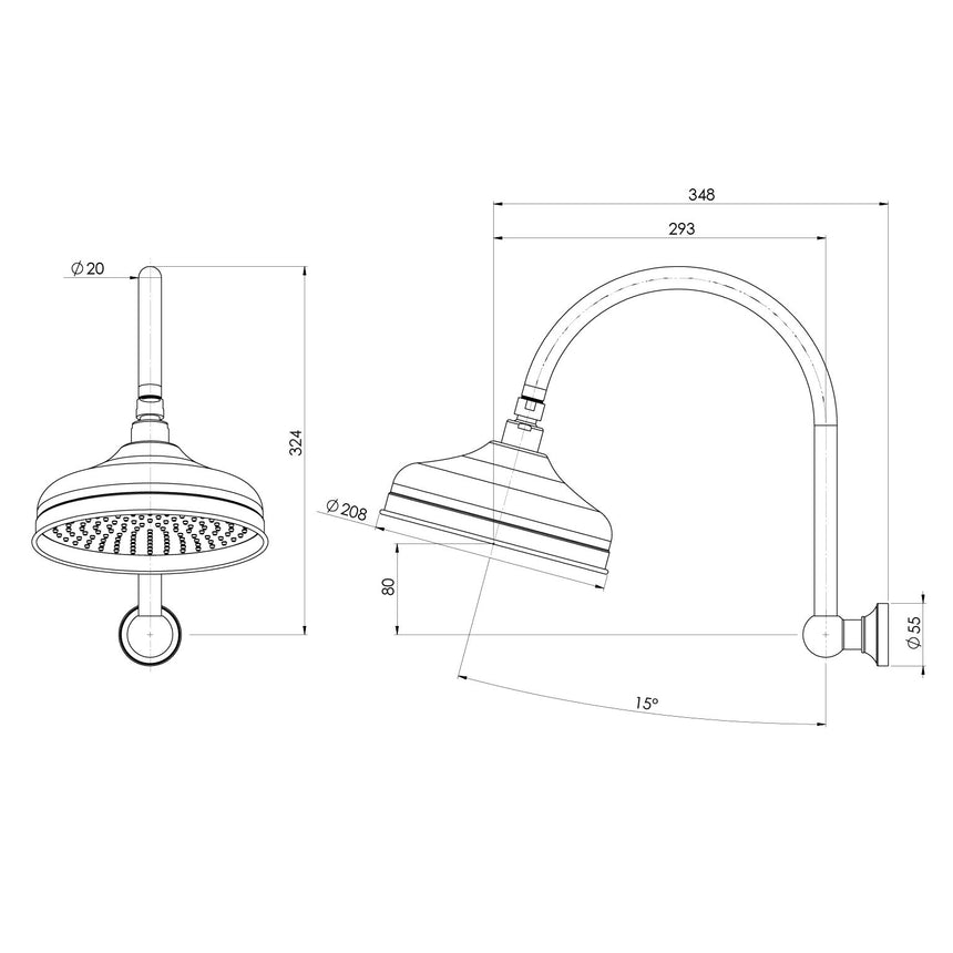 Phoenix Cromford Hi Rise Shower Arm & Rose 210mm Chrome, technical line drawing with dimensions