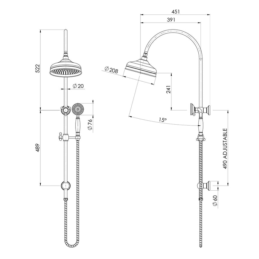 Phoenix Cromford Twin Shower 210mm Rose Chrome, technical line drawing with dimensions