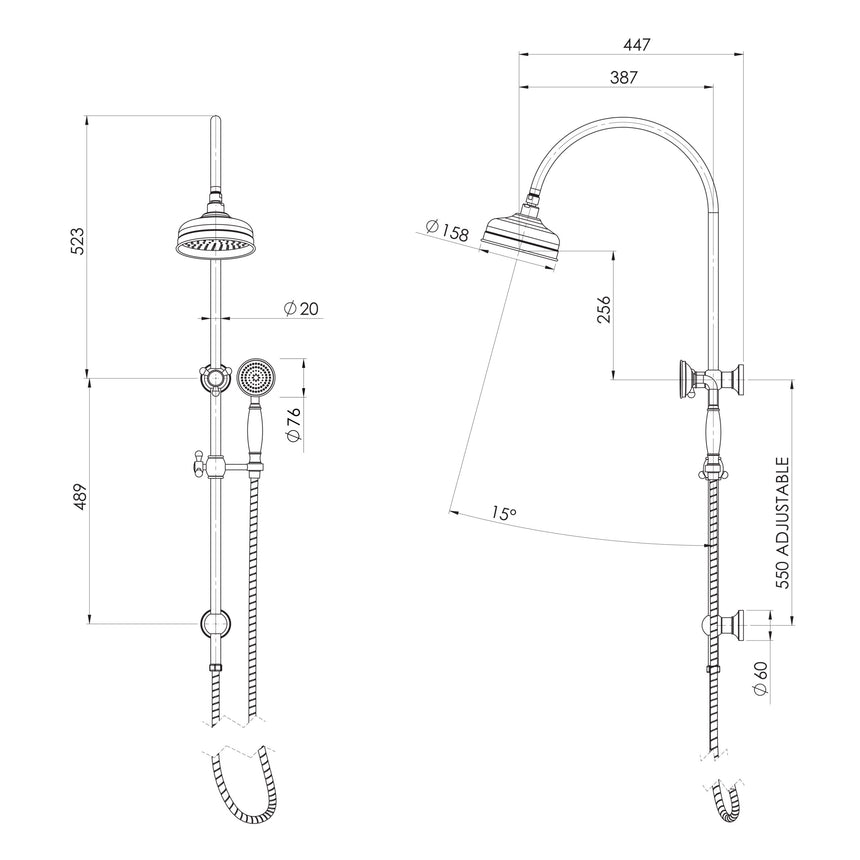 Phoenix Cromford Twin Shower Brushed Nickel, technical line drawing with dimensions