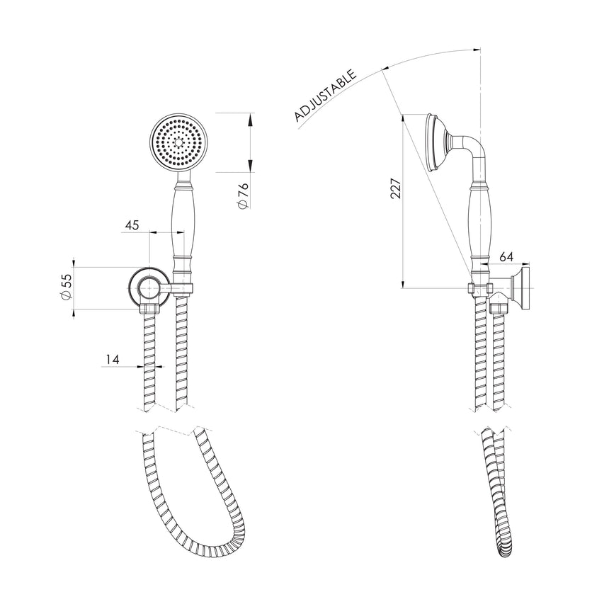 Phoenix Cromford Hand Shower Matte Black, technical line drawing with dimensions
