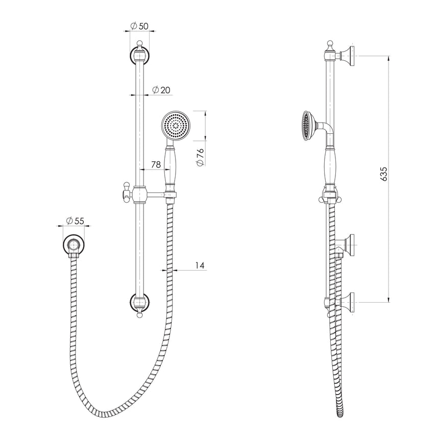 Phoenix Cromford Rail Shower Brushed Gold, technical line drawing with dimensions