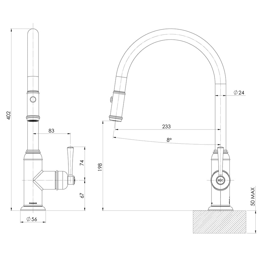 Phoenix Cromford Pull Out Sink Mixer 230mm Chrome, technical line drawing with dimensions