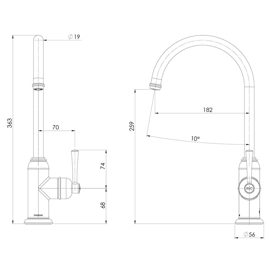 Phoenix Cromford Sink Mixer 180mm Matte Black, technical line drawing with dimensions