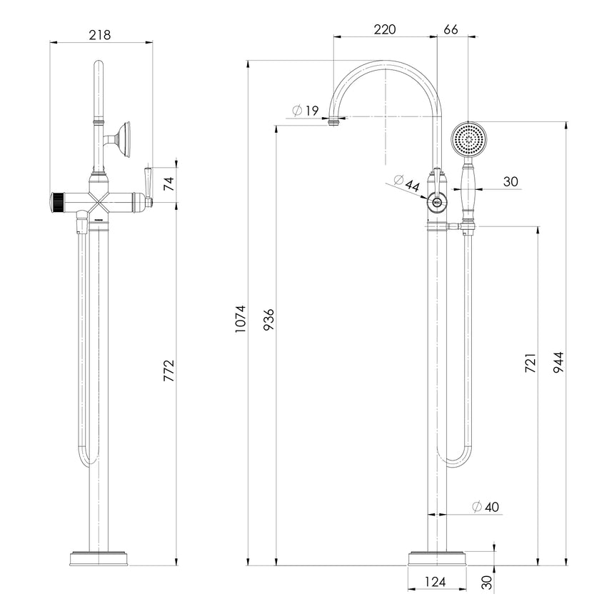 Phoenix Cromford Floor Mounted Bath Mixer with Hand Shower Brushed Gold, technical line drawing with dimensions