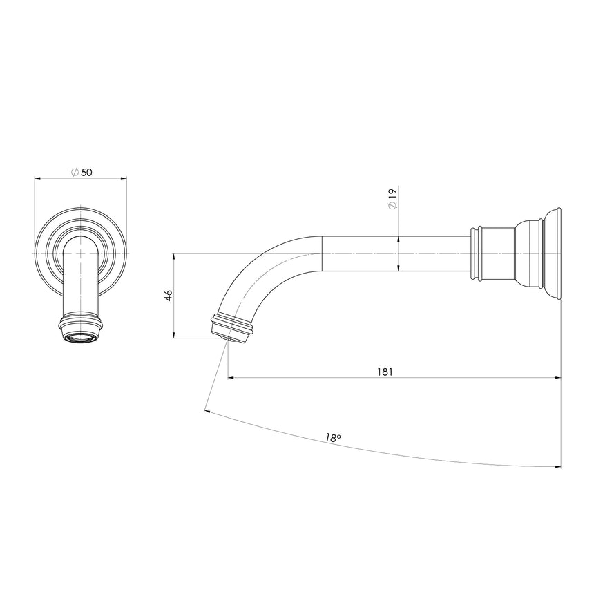 Phoenix Cromford Wall Basin / Bath Outlet Matte Black, technical line drawing with dimensions