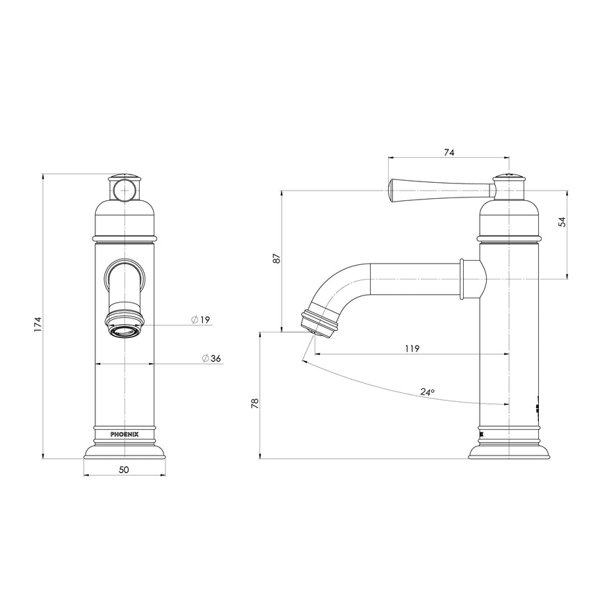 Phoenix Cromford Basin Mixer Brushed Nickel, technical line drawing with dimensions