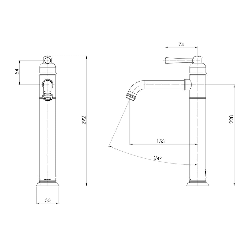 Phoenix Cromford Vessel Mixer Brushed Nickel, technical line drawing with dimensions