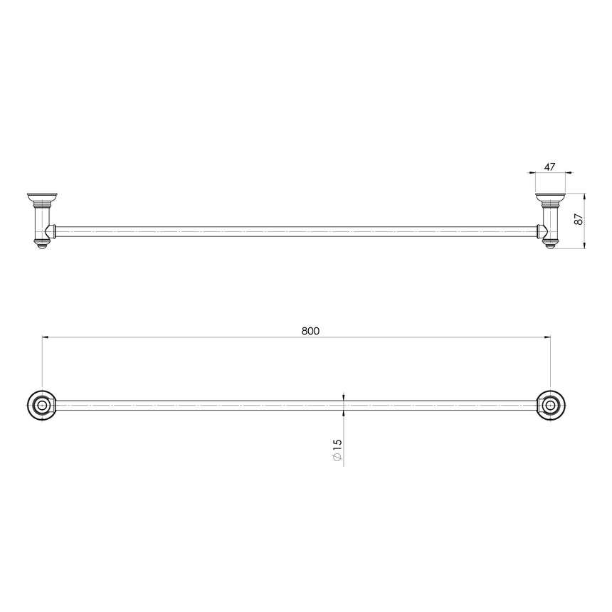 Phoenix Cromford Single Towel Rail 800mm Brushed Nickel, technical line drawing with dimensions