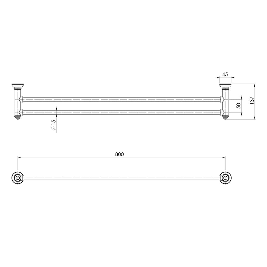 Phoenix Cromford Double Towel Rail 800mm Chrome, technical line drawing with dimensions