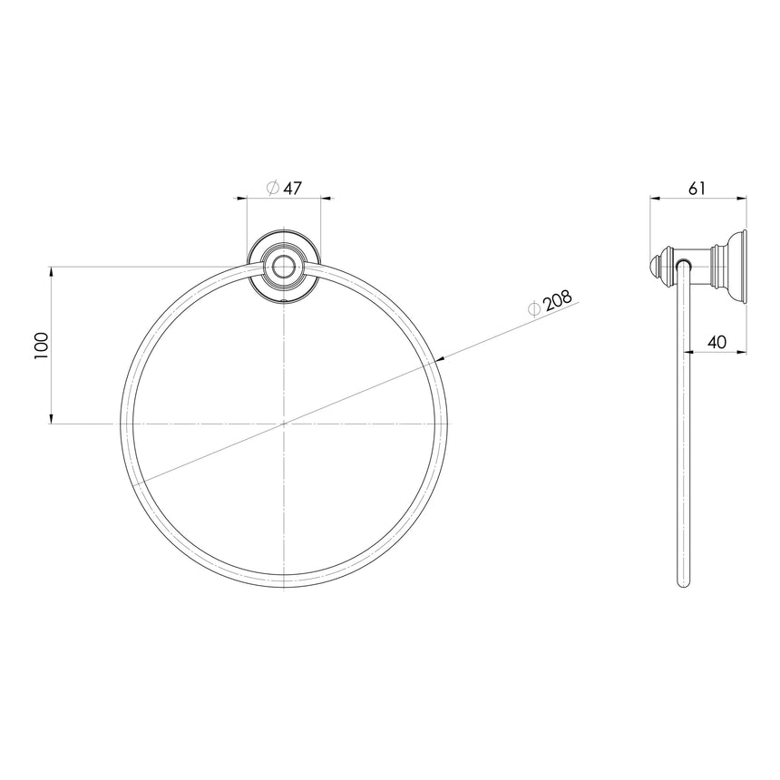 Phoenix Cromford Hand Towel Holder Brushed Nickel, technical line drawing with dimensions