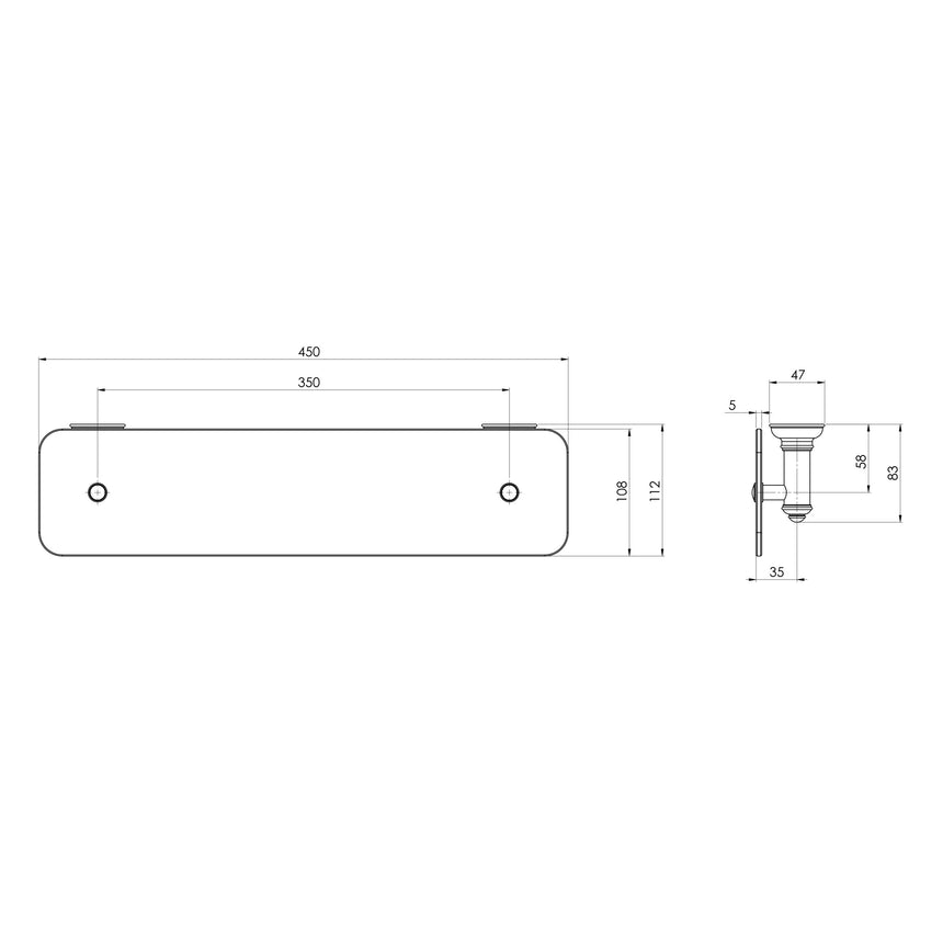 Phoenix Cromford Glass Shelf 450mm Chrome, technical line drawing with dimensions
