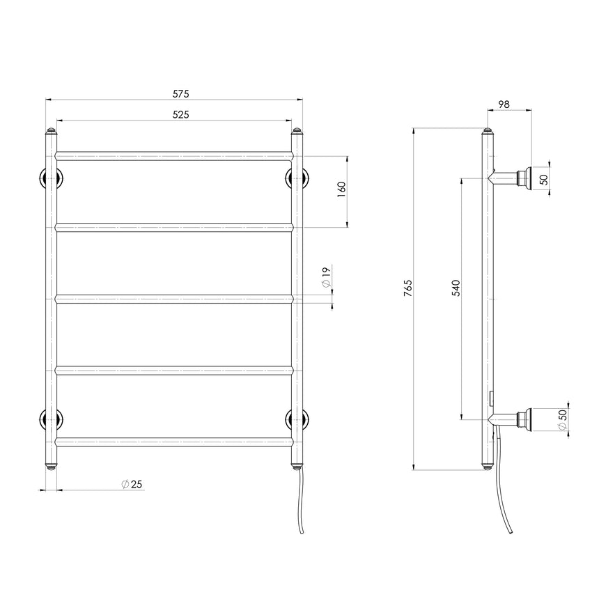 Phoenix Cromford Heated Towel Ladder 550mm x 750mm Brushed Nickel, technical line drawing with dimensions