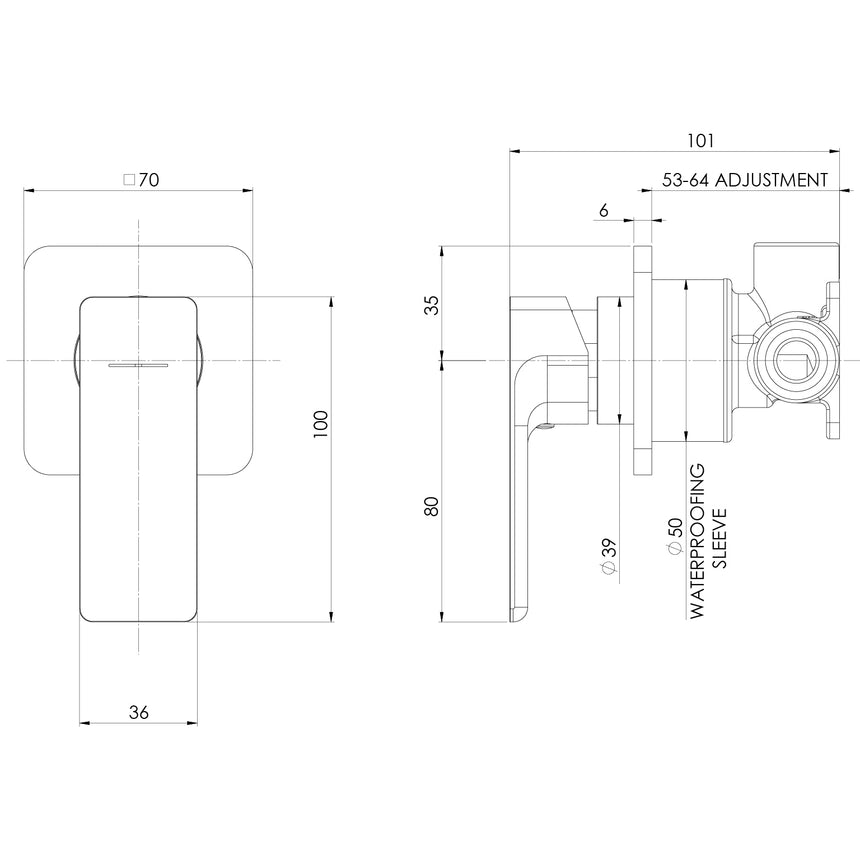Phoenix Gloss MKII SwitchMix Shower / Wall Mixer Brushed Nickel, technical line drawing with dimensions