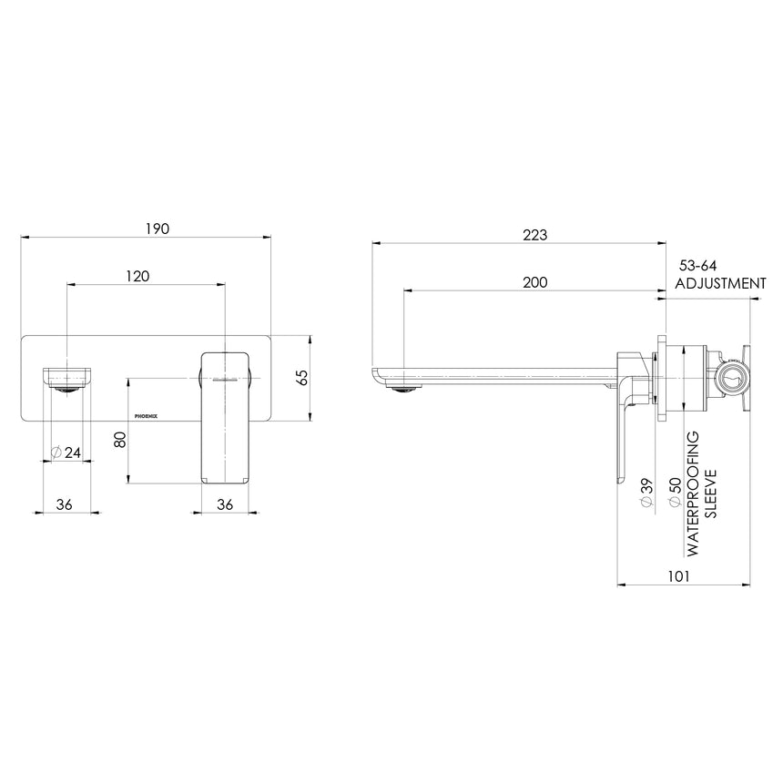 Phoenix Gloss MKII SwitchMix Wall Basin / Bath Mixer Set 200mm Fit-Off Kit Brushed Carbon, technical line drawing with dimensions