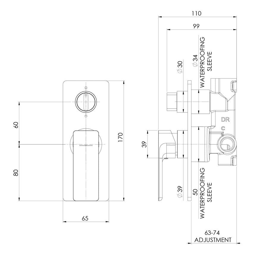 Phoenix Gloss MKII SwitchMix Shower / Bath Diverter Mixer Brushed Nickel, technical line drawing with dimensions