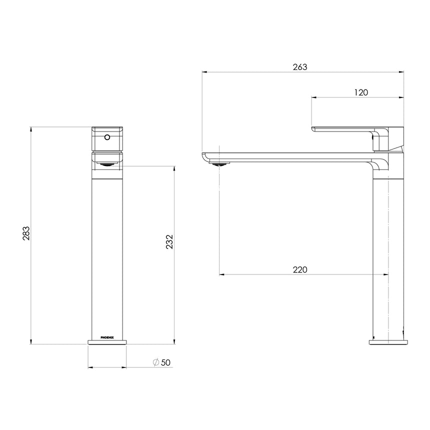 Phoenix Gloss MKII Sink Mixer Chrome, technical line drawing with dimensions