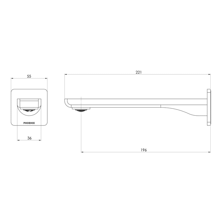 Phoenix Gloss MKII Wall Basin / Bath Outlet 200mm Brushed Carbon, technical line drawing with dimensions