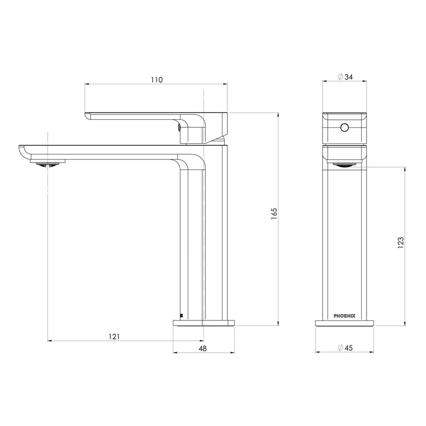Phoenix Gloss MKII Basin Mixer Matte Black, technical line drawing with dimensions