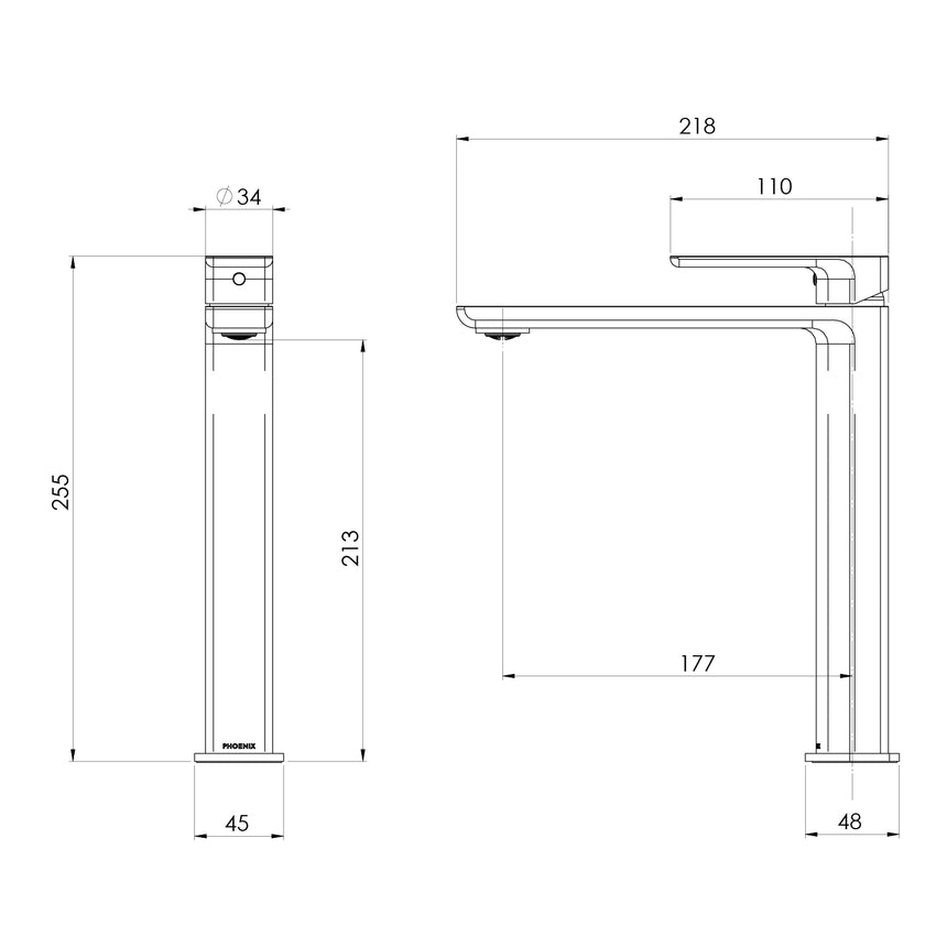 Phoenix Gloss MKII Vessel Mixer Matte Black, technical line drawing with dimensions