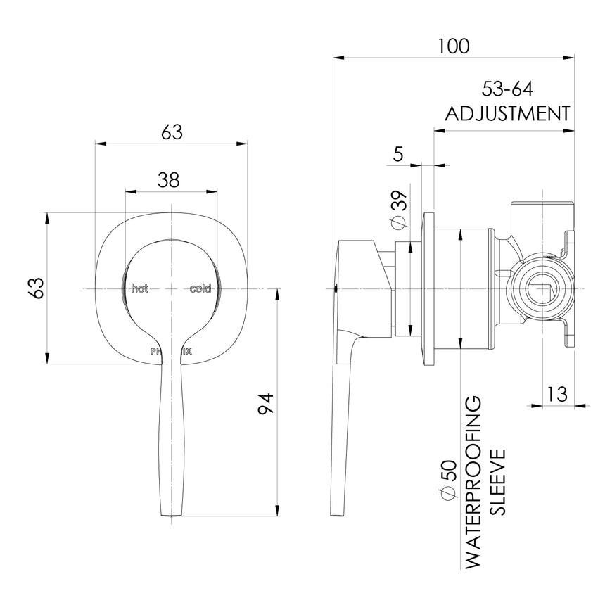Phoenix Vask SwitchMix Shower / Wall Mixer Brushed Nickel, technical line drawing with dimensions