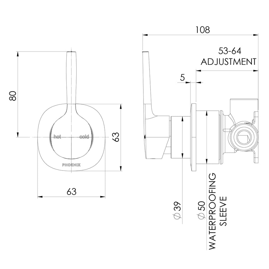 Phoenix Vask SwitchMix Shower / Wall Mixer Pin Up Brushed Carbon, technical line drawing with dimensions