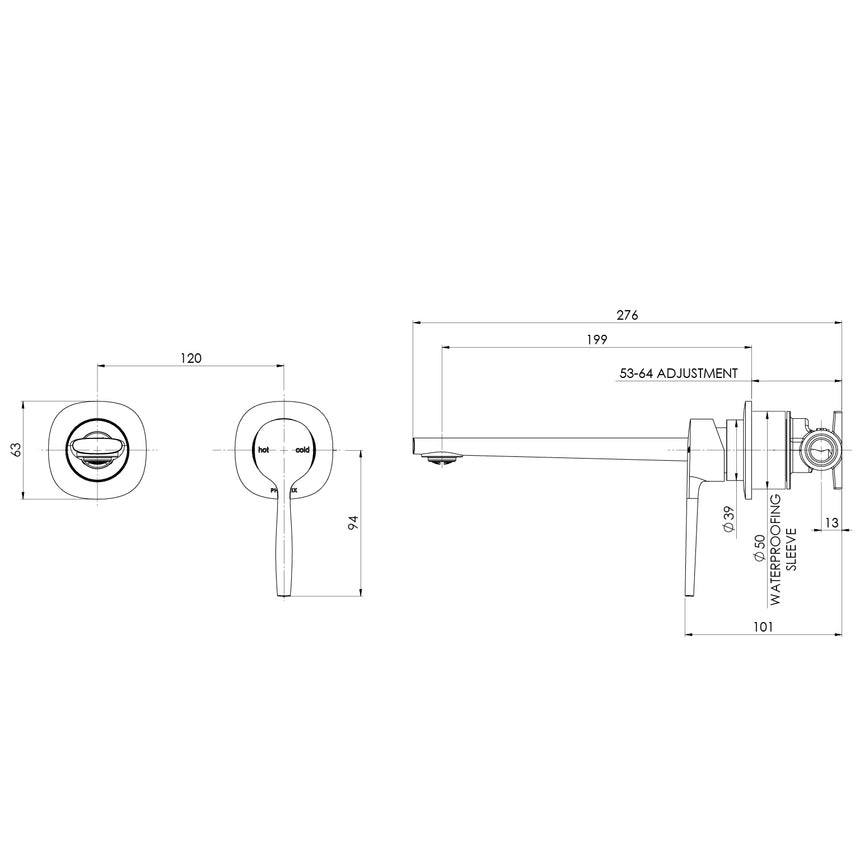 Phoenix Vask SwitchMix Wall Basin / Bath Mixer Set 200mm Brushed Nickel, technical line drawing with dimensions