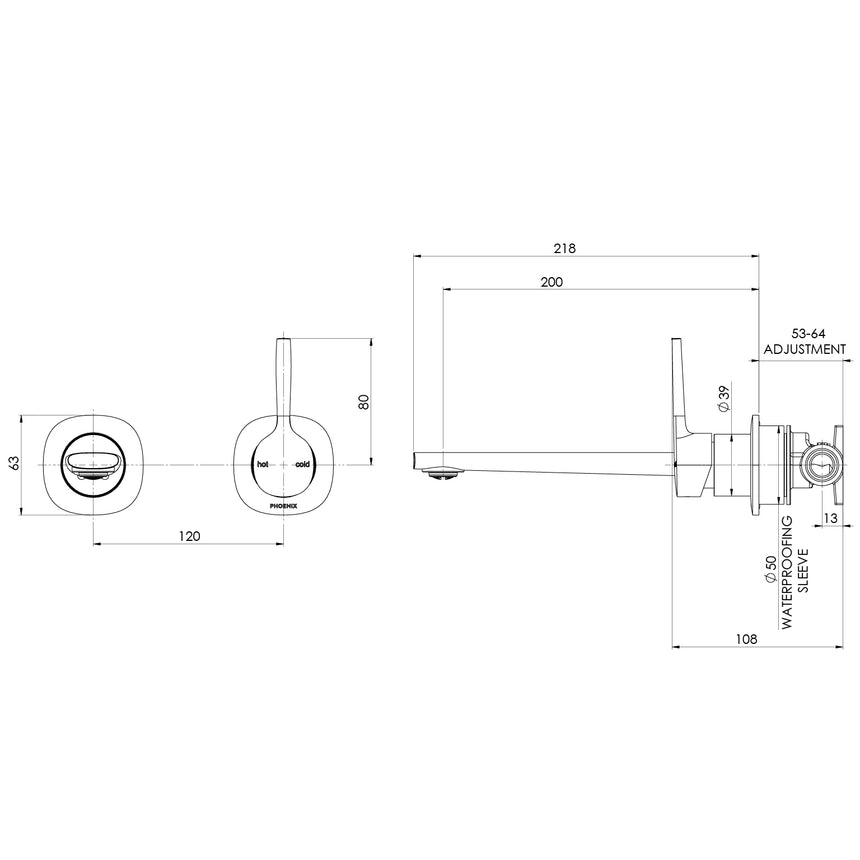 Phoenix Vask SwitchMix Wall Basin / Bath Mixer Set 200mm Pin Up Chrome, technical line drawing with dimensions