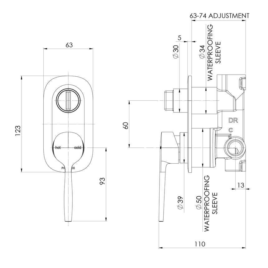 Phoenix Vask SwitchMix Shower / Bath Diverter Mixer Chrome, technical line drawing with dimensions