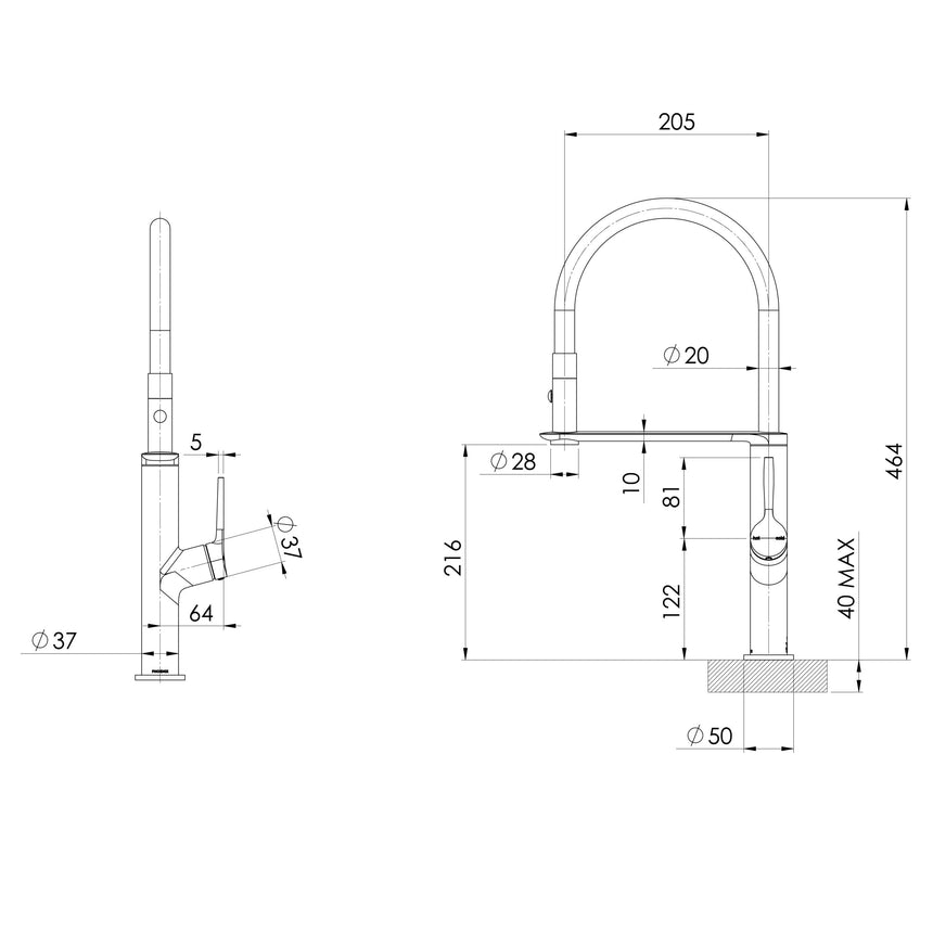 Phoenix Vask Flexible Hose Sink Mixer 200mm Chrome, technical line drawing with dimensions