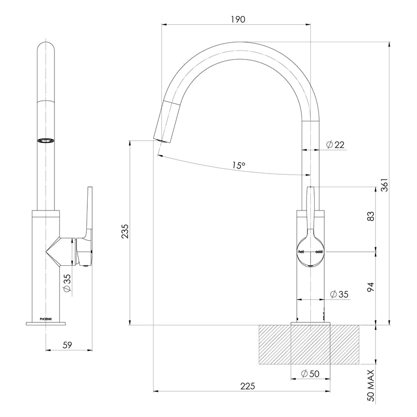 Phoenix Vask Sink Mixer 190mm Brushed Carbon, technical line drawing with dimensions