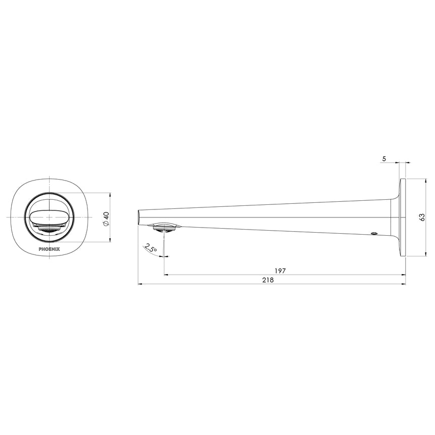 Phoenix Vask Wall Basin / Bath Outlet 200mm Brushed Carbon, technical line drawing with dimensions