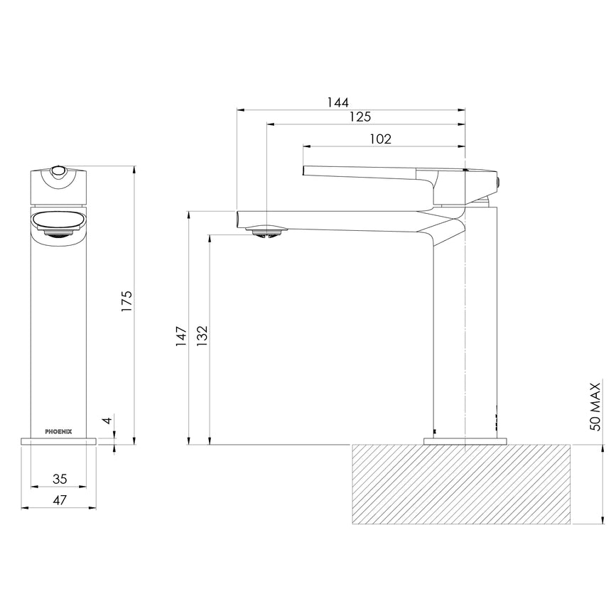 Phoenix Vask Basin Mixer Brushed Carbon, technical line drawing with dimensions