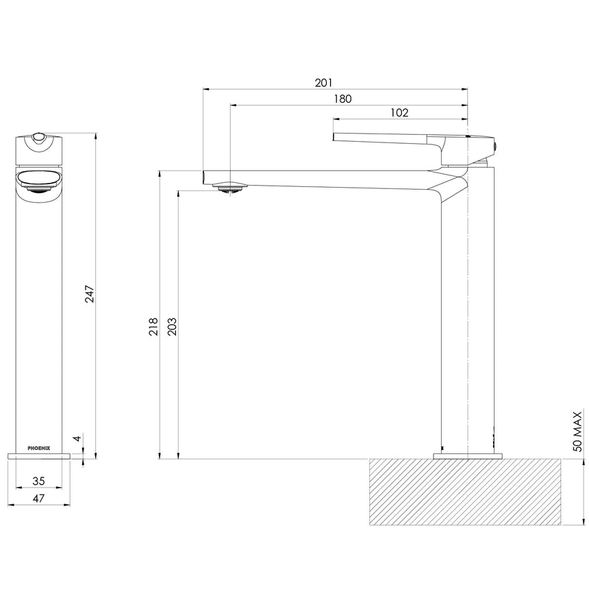 Phoenix Vask Vessel Mixer Chrome, technical line drawing with dimensions