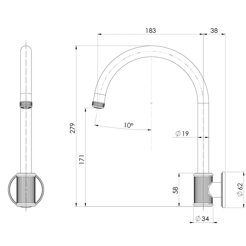 Phoenix Wiltern Wall Sink Outlet 180mm Brushed Gold, technical line drawing with dimensions