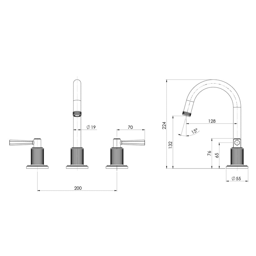 Phoenix Wiltern Basin Set Brushed Carbon, technical line drawing with dimensions