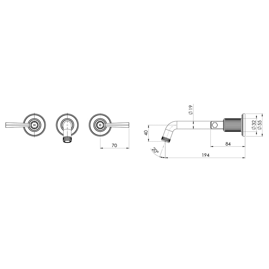Phoenix Wiltern Wall Basin / Bath Tap Set 190mm Brushed Carbon, technical line drawing with dimensions