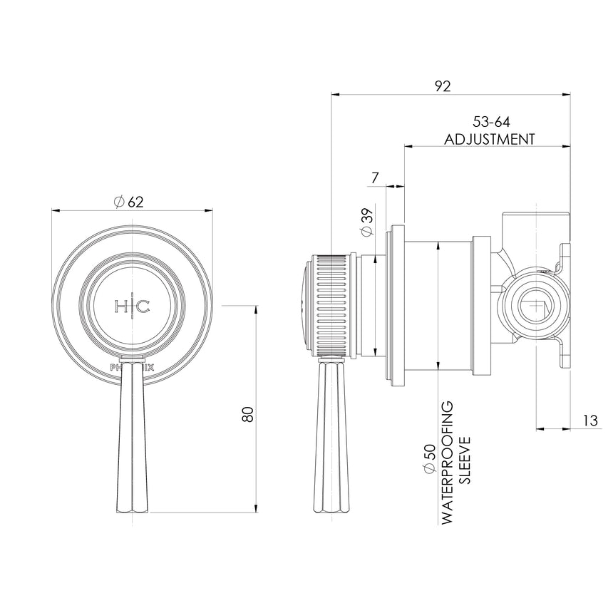 Phoenix Wiltern SwitchMix Shower / Wall Mixer Chrome, technical line drawing with dimensions