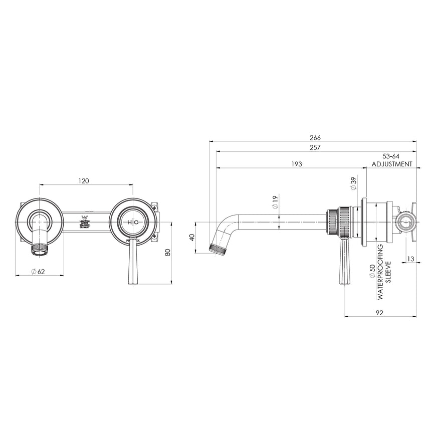 Phoenix Wiltern SwitchMix Wall Basin / Bath Mixer Set 190mm Chrome, technical line drawing with dimensions