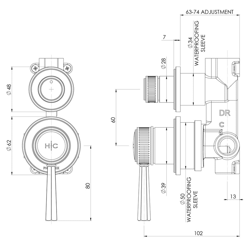 Phoenix Wiltern SwitchMix Shower / Bath Diverter Mixer Brushed Gold, technical line drawing with dimensions