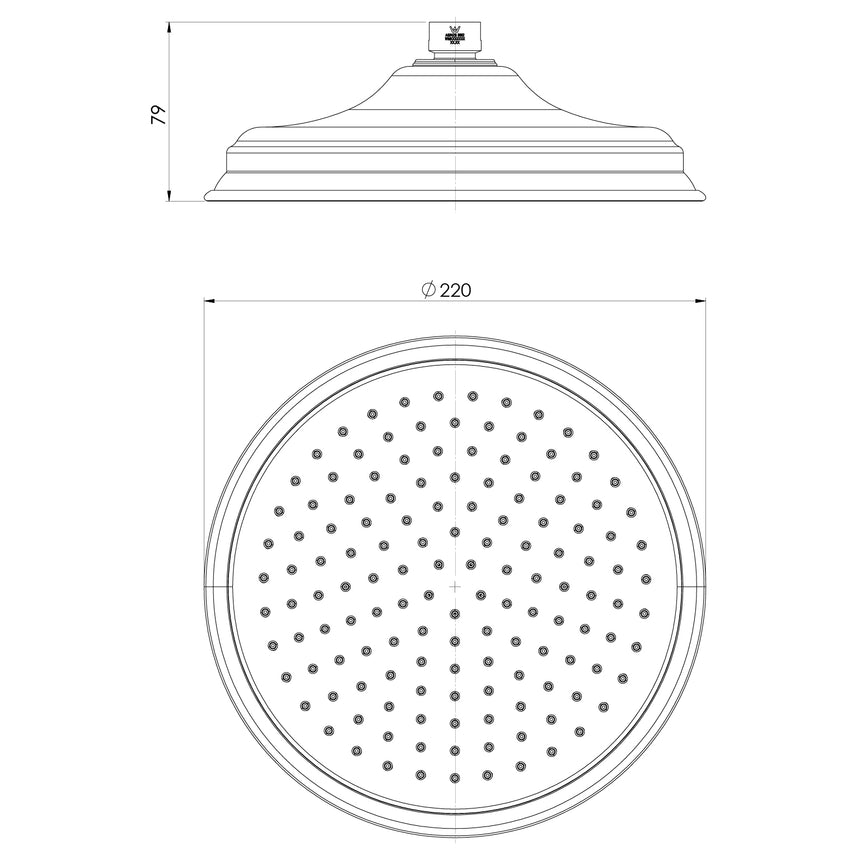Phoenix Wiltern Shower Rose 220mm Brushed Carbon, technical line drawing with dimensions