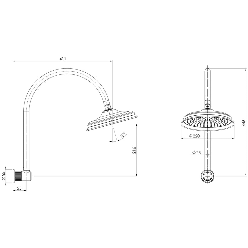 Phoenix Wiltern High Rise Shower Arm & Rose Chrome, technical line drawing with dimensions