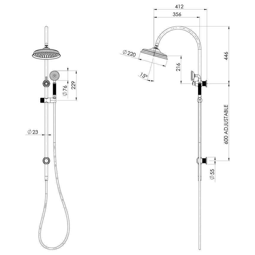 Phoenix Wiltern Twin Shower Chrome, technical line drawing with dimensions